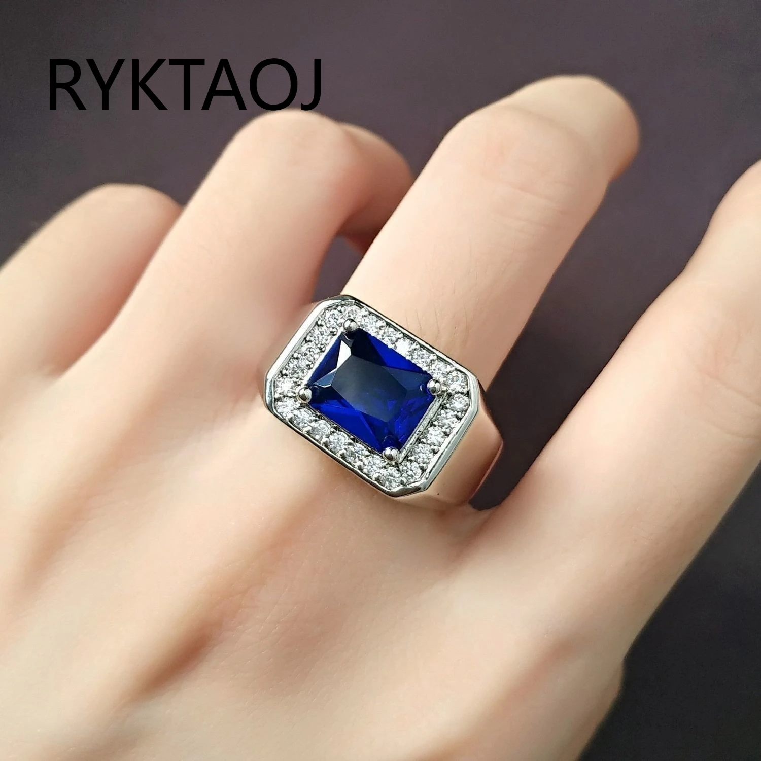 925 Sterling Silver Men's Ring Rectangle Blue Cubic Zirconia Ring Halo Design Big Gemstone Finger Band Vintage Jewelry Gift