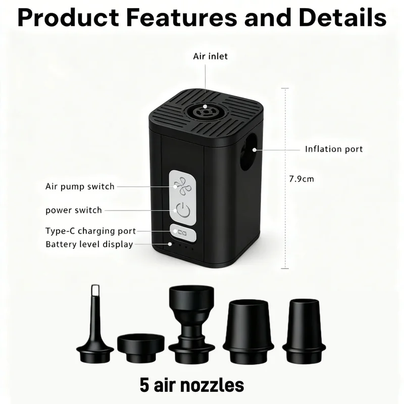 DT16 Cordless Portable Mini Electric Air Pump, Rechargeable Wireless Air Pump Inflator Deflator for Air Mattresses Vacuum