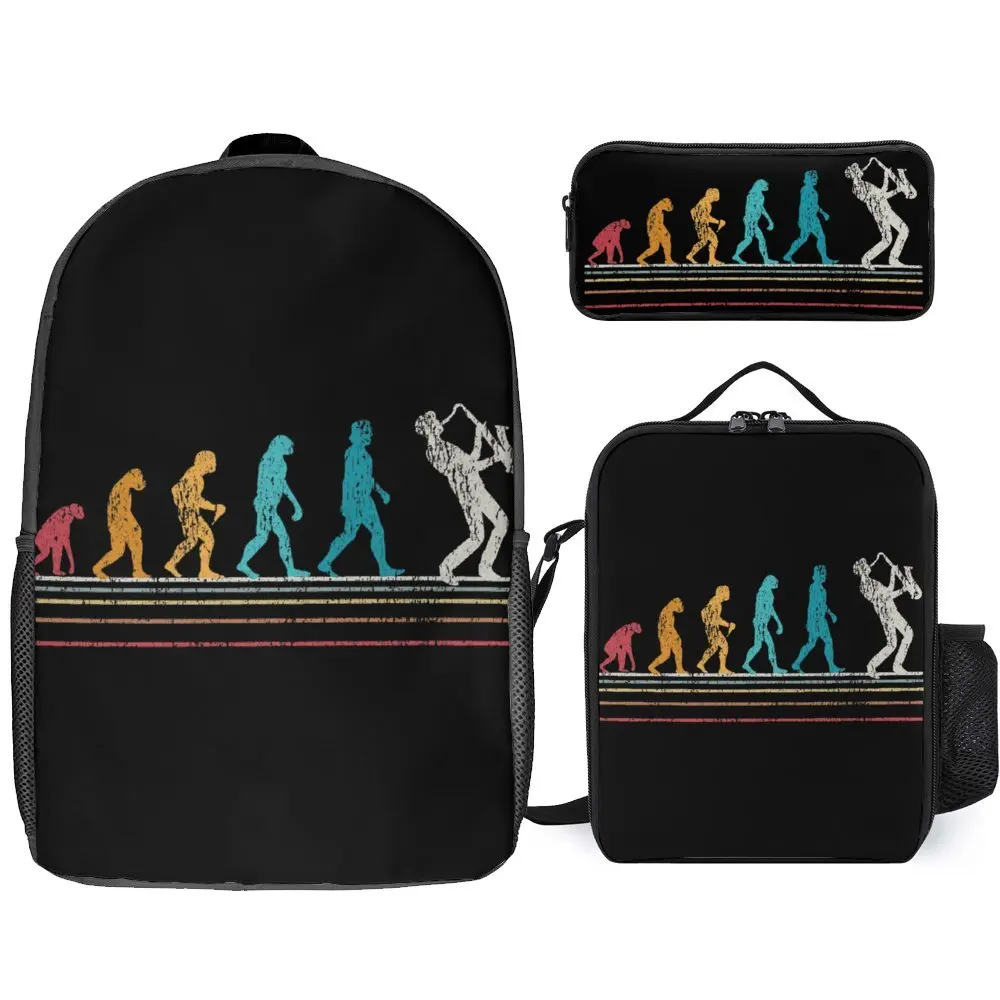 

3 in 1 Set 17 Inch Backpack Lunch Bag Pen Bag Saxophone Evolution Sax Retro Gift Classic Lasting Lunch Tote Comfortable Picnics