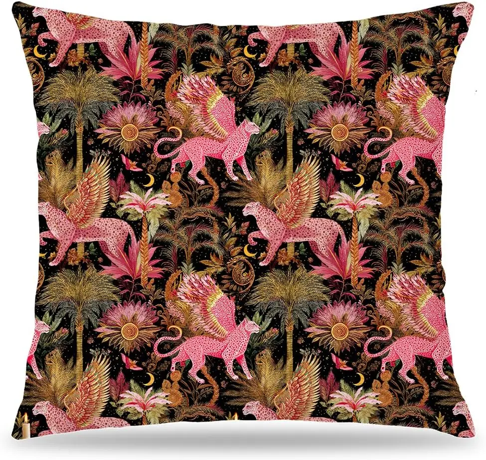 Dark Fantasy Leopard Pink and Gold Throw Pillow Cover 18x18 | Cheetah Room Decor, Mystical Tropical Palm Tree Jungle Animal