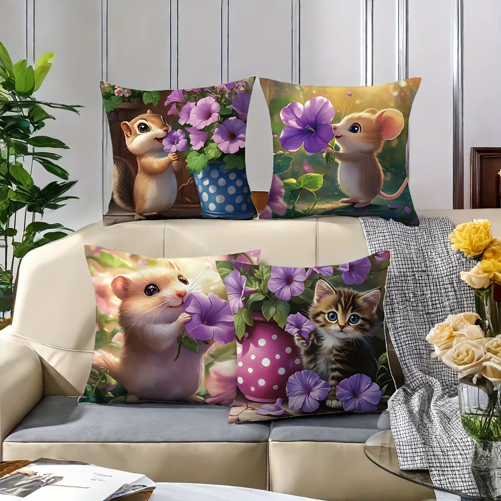 4-Piece Printed Pillowcase Set – Featuring Squirrel, Kitten, Hamster & Mouse Designs