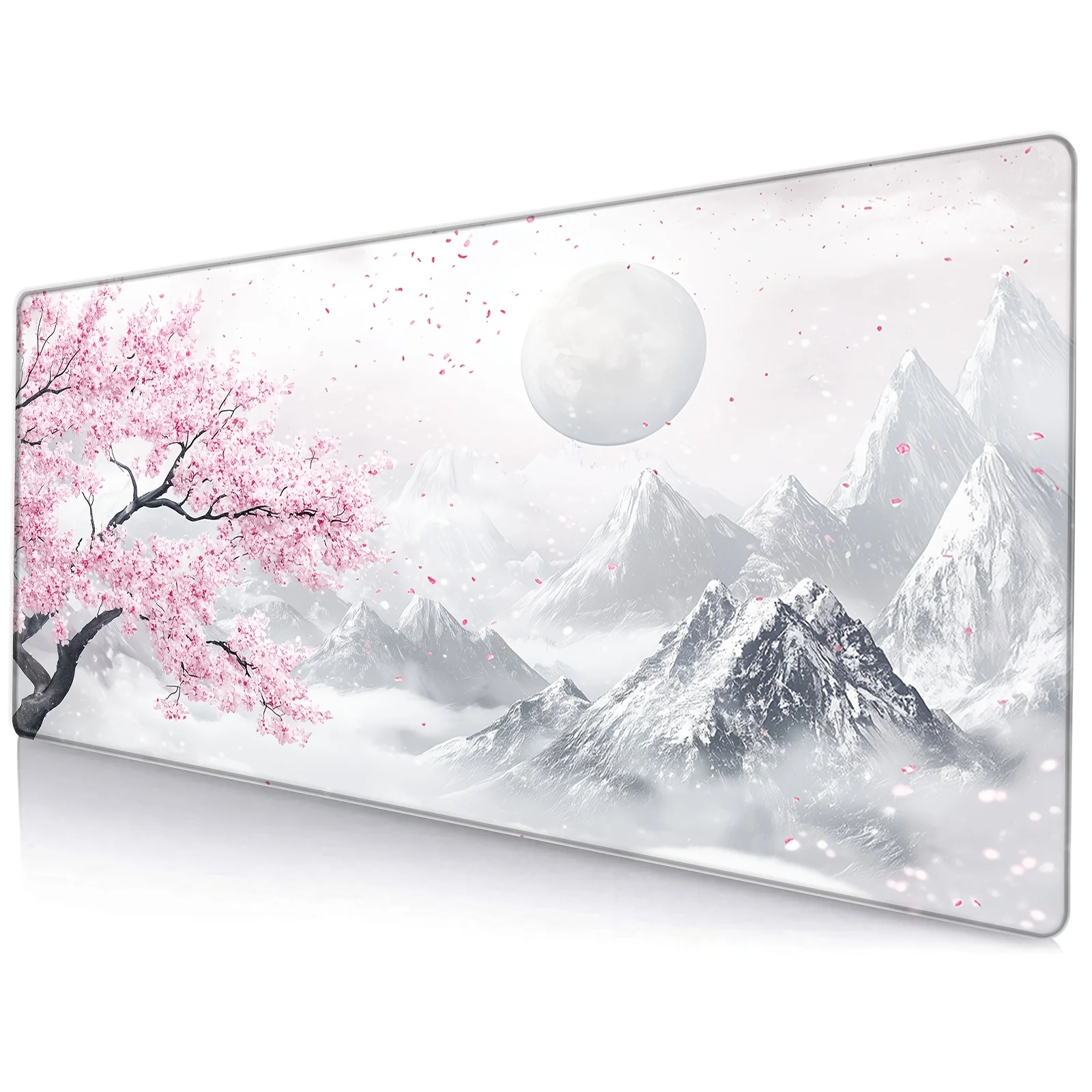 

XXL Extended Gaming Mouse Pad with Cherry Blossoms and Snow-Capped Mountains, Non-Slip Rubber Base, Large Desk Mat for Keyboard