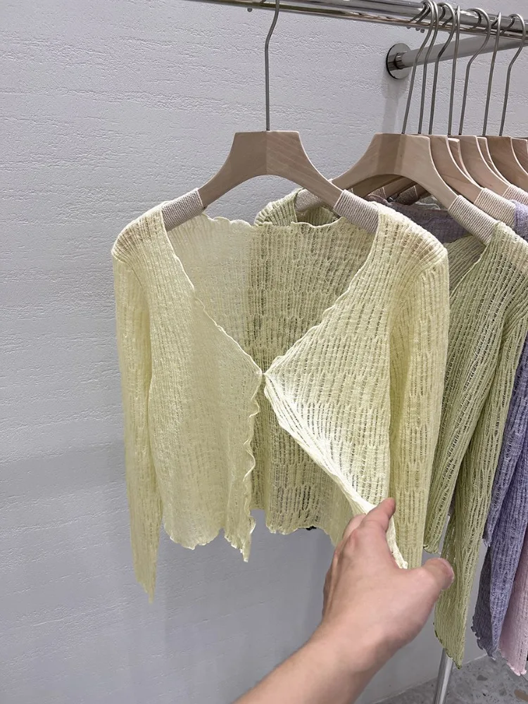 Knitted Sweater Solid Cardigans Women Summer Long Sleeve Cropped Cardigan Korean See Through Y2K Fashion Sweaters Woman Clothes