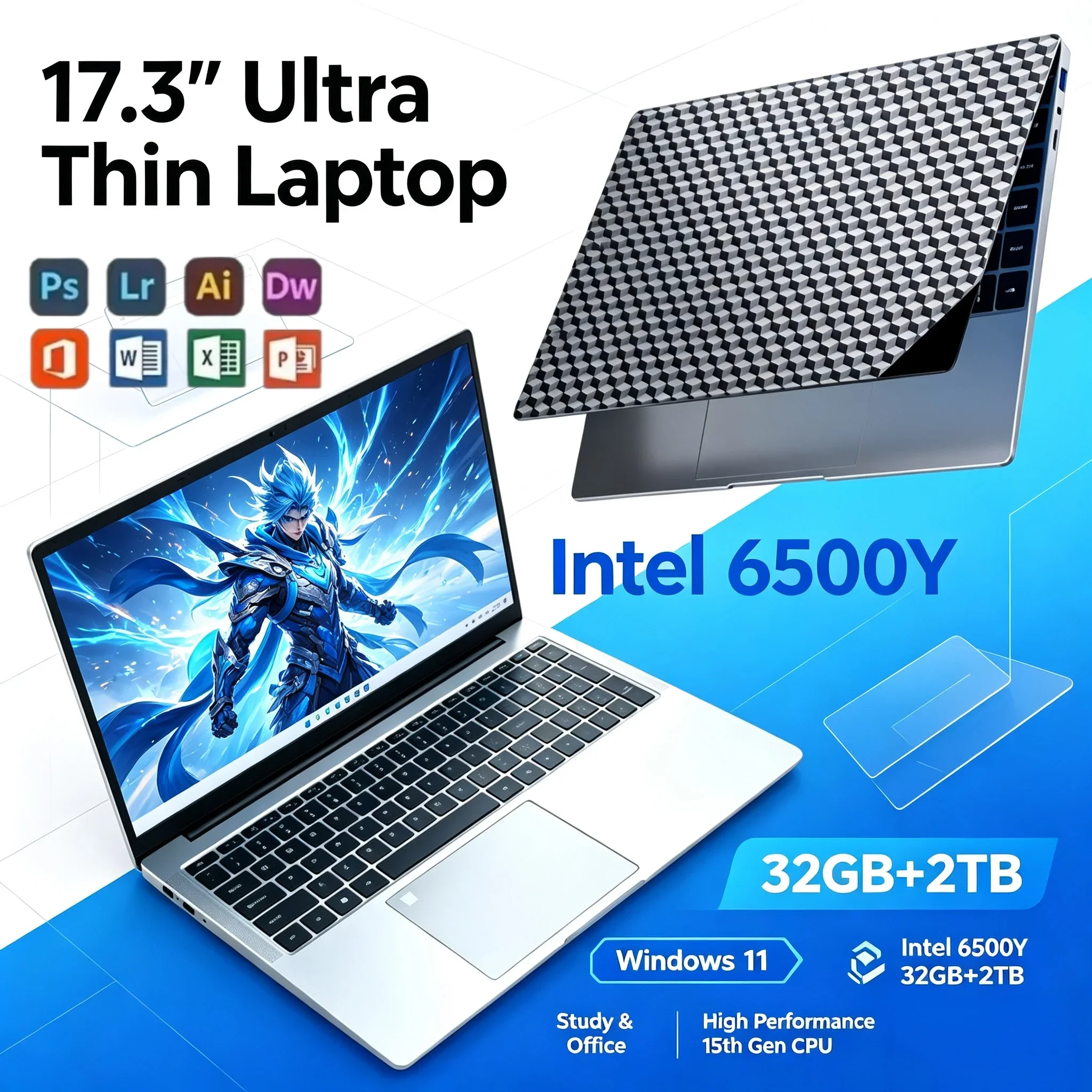 17.3'' Inch Big HD Screen Portable Laptop Intel 6500Y 32GB RAM 1TB/2TB SSD Win 11 WiFi6 BT5.2 Notebook PC For Daily Office Task