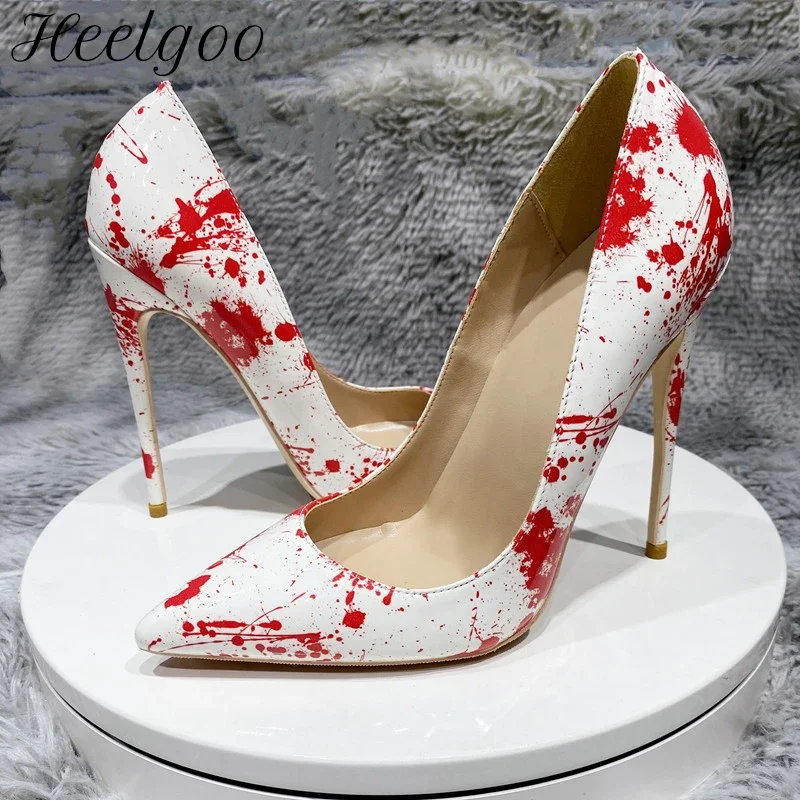 

Heelgoo White Graphic Print Women Patent Pointed Toe High Heel Shoes Chic Ladies Designer Slip On Stiletto Pumps Plus Size 33-46