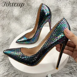 Tikicup Shiny Laser Crocodile Effect Pointy Toe High Heel Shoes for Party Dress Skirts Sexy Slip On Stiletto Pumps Size 33-46