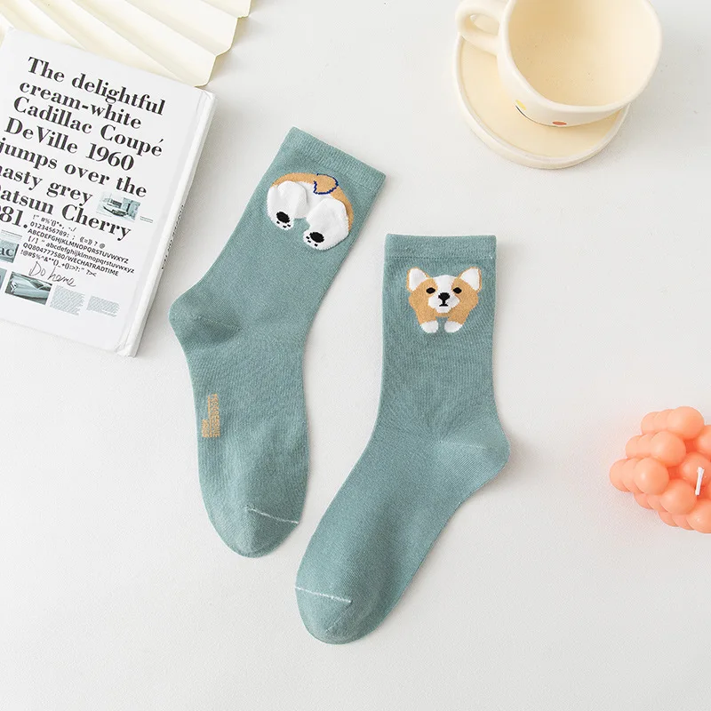 5 pares outono novo estilo coreano bonito meias de estudante com desenhos animados corgi design feminino meados de bezerro algodão engraçado meias de alta qualidade