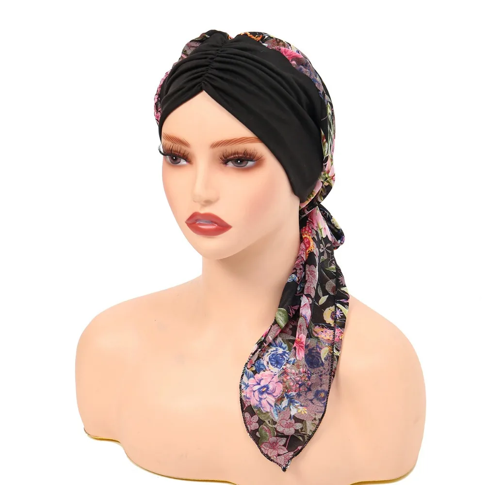

Модная предварительно завязанная шапка-тюрбан, плиссированная бандана с цветочным принтом, женский головной убор