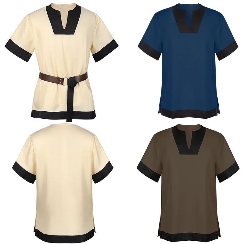 Men's Warrior Shirt Men's Halloween Cosplay Retro Shirt New Fashion Men's Retro Short Sleeves Medieval Renaissance Shirts Gothic