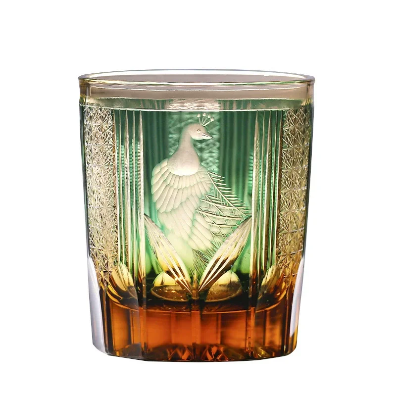 Japanese Style Luxury Edo Kiriko Wine Glass Green Blue Krystal Whisky Tumbler Handmade Engraving Peacock Whiskey Drinking Cup