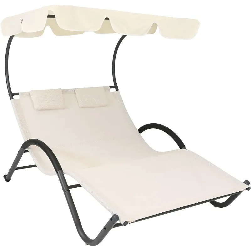 Outdoor Double Chaise Lounge with Canopy Shade and Headrest Pillows - Beige Fabric with Black Powder