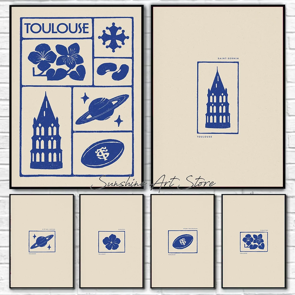 TOULOUSE Minimalistische Stadt Occitan Cross Saint-Sernin Toulouse Stadion Violet Cassoulet Poster Leinwand Malerei Wand Bilder Dekor