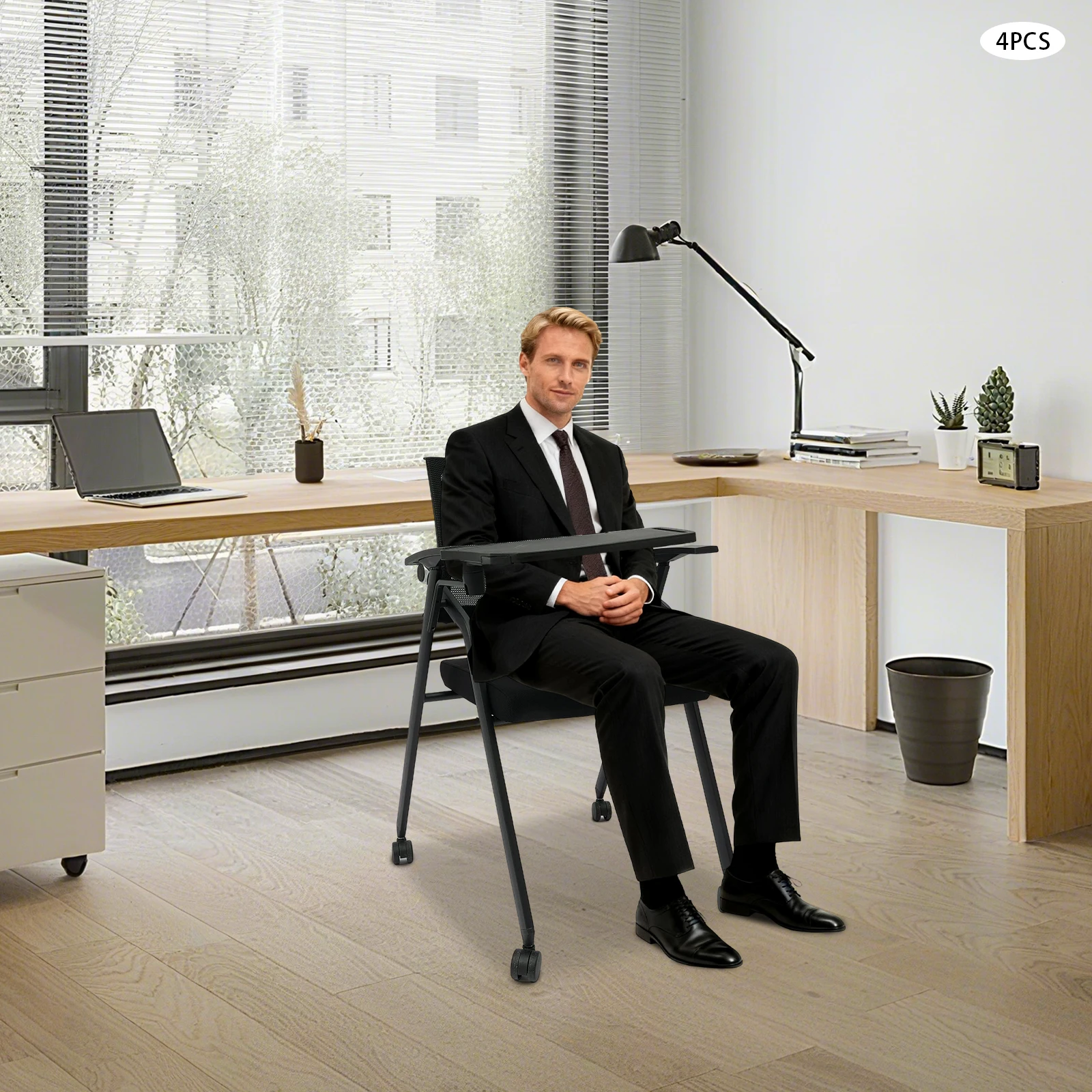 4-Pack كرسي غرفة الاجتماعات الأسود كرسي اجتماع مكتب قابل للطي مع مسند ظهر شبكي مقعد مبطن 440LBS تحميل عجلات PU للمنزل