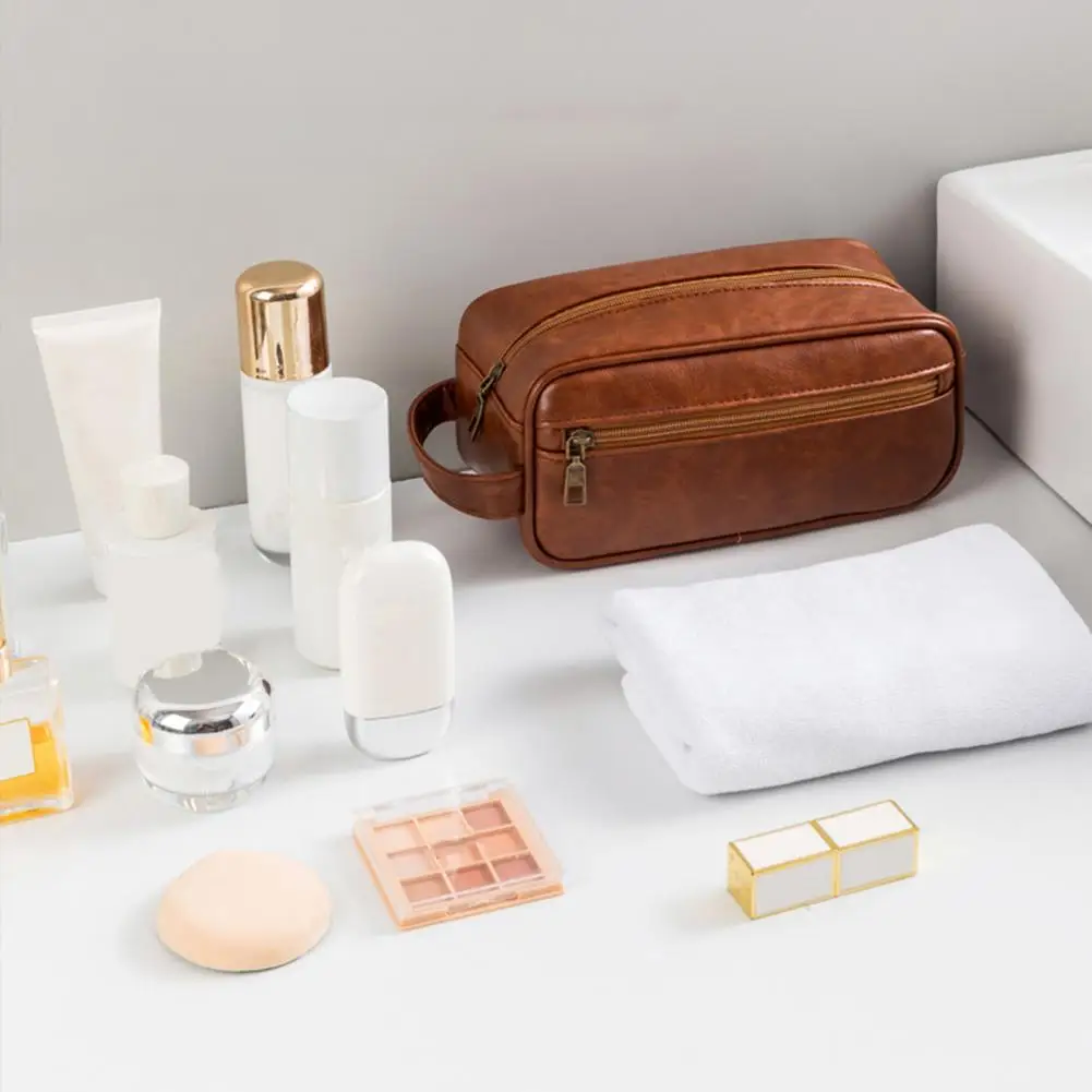 Vintage Makeup Bag Faux Leather Men Travel Toiletry Pouch Waterproof Cosmetics Organizer Bag for Vacation Business Trips