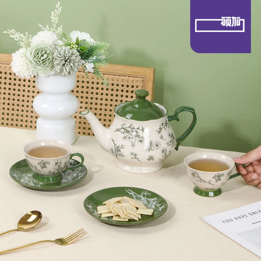 SHUNXIANG Ceramic Tea Set Green Design Floral Ceramic Teacup Set Afternoon Tea Gift Box Set Teapot Tea Cup & Saucers Porcelain