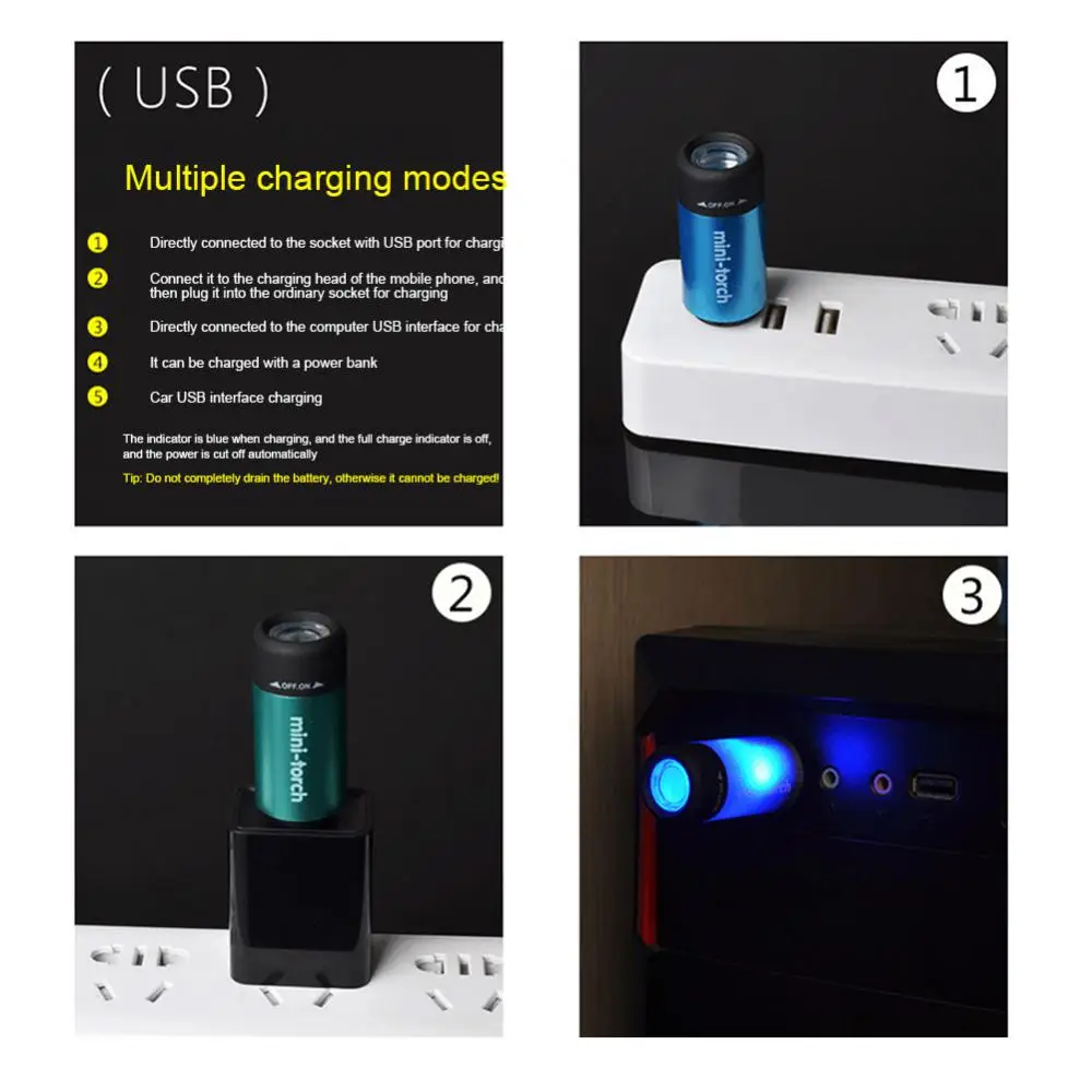 Mini linterna LED de bolsillo recargable por USB, portátil, impermeable, luz blanca, llavero, linterna súper pequeña con batería