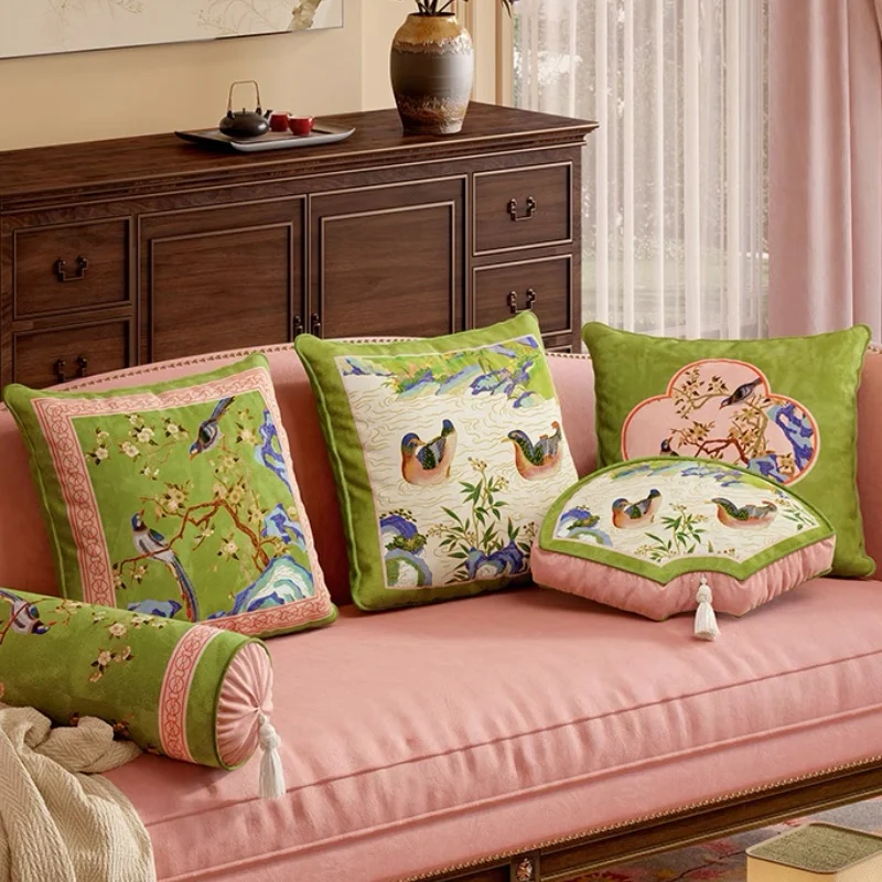 Chinese Painting Pillows Cushion Case Retro Green Pink Decorative Pillow Cover For Sofa Chair Bedding Fan Cushion Home Decor