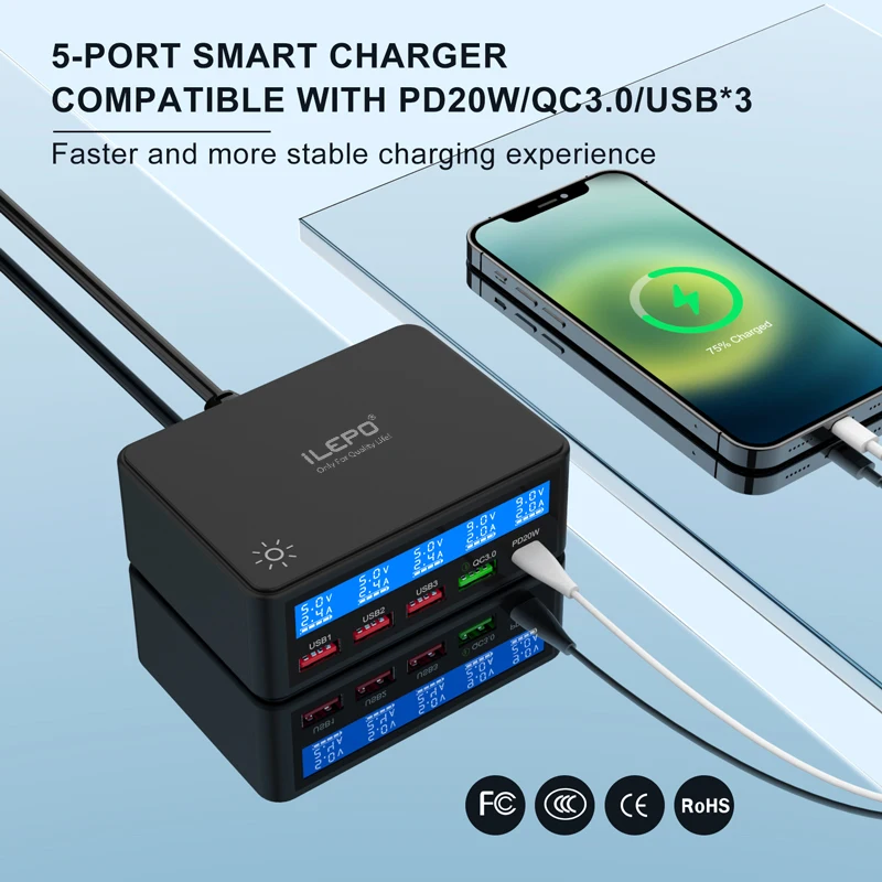 65W PD QC Fast USB Charger 5 Ports Smart Charge Station Hub Quick Charge Adapter USB C Charger Type C Display Desktop Chargers