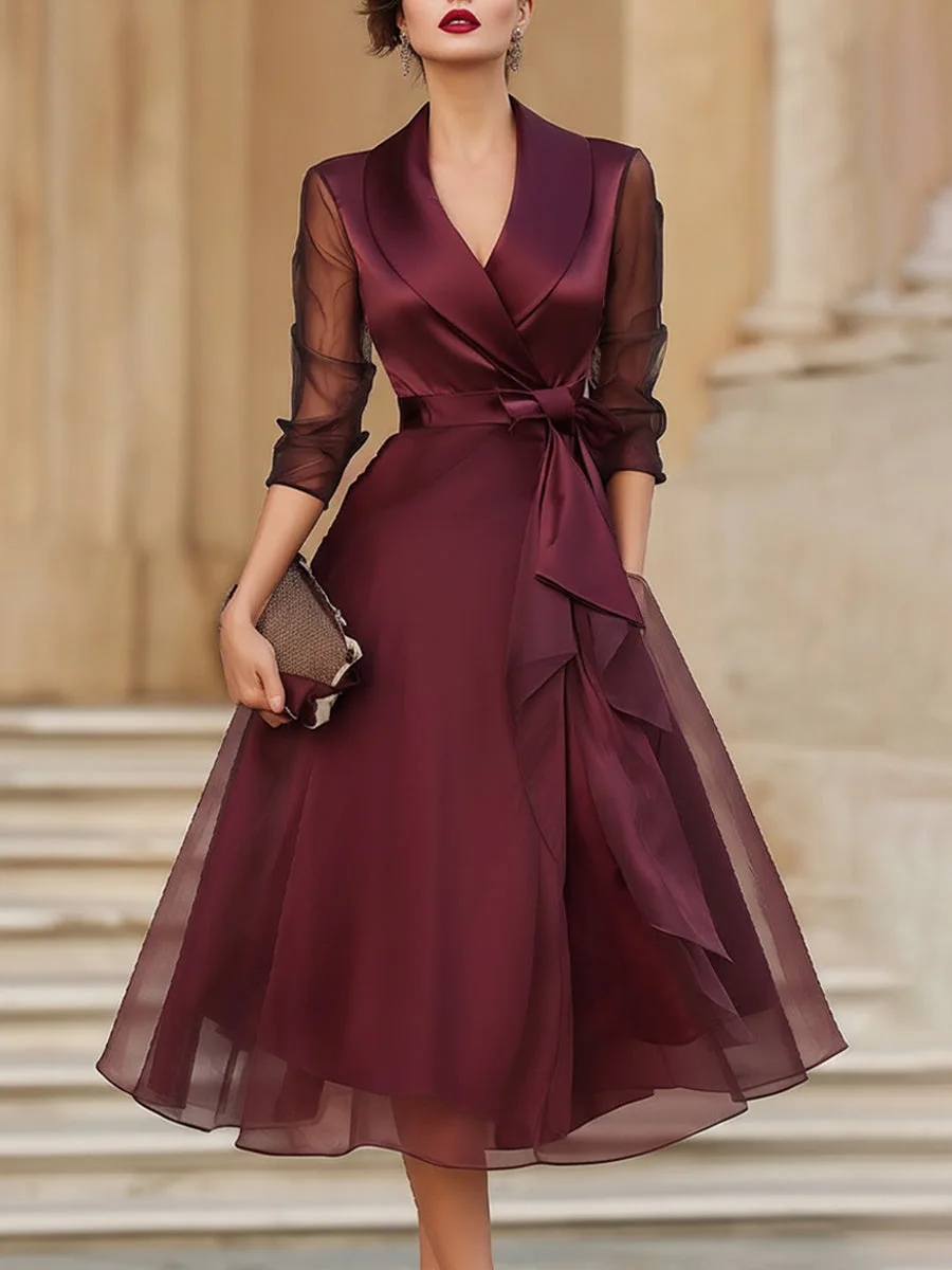Elegant Elegant Lapel Satin Mesh Party Dress Woman Spring Solid High Waist Bowknot Flowy Maxi Dress Summer Sheer Sleeve Sexy Boho Dress - Aliexpress Deal