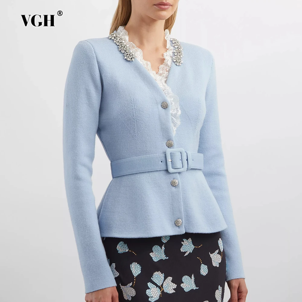 

VGH милые куртки во французском стиле для женщин с v-образным вырезом и длинным рукавом из сращенного кирса, темпераментная тонкая однотонная короткая куртка, женская мода, новинка