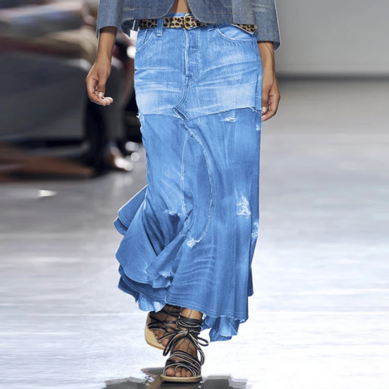 Women Denim Maxi Skirt High Waist Vintage Washed Patchwork Frayed Ripped Irregular Ruffle Mermaid Long Jean Skirt Streetwear
