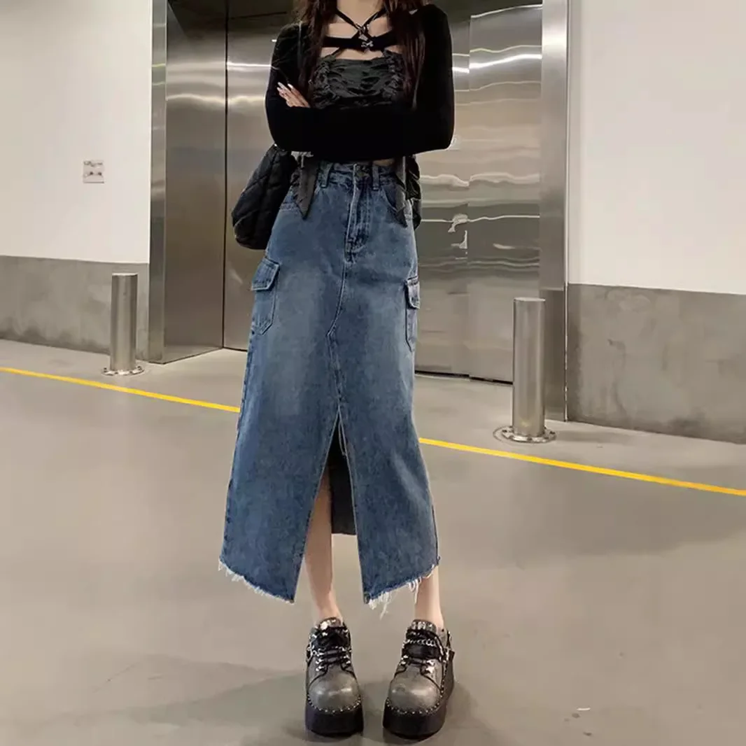 High waist split denim skirt women's spring and summer large size fat mm small medium and long thin a word hip skirt