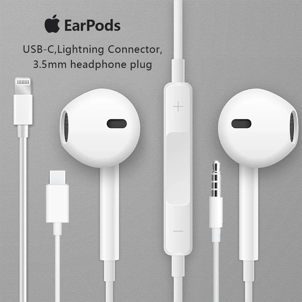 سماعات Apple EarPods الأصلية (USB-C)، وسماعات الأذن مع موصل Lightning، وسماعات Apple EarPods (قابس سماعة الرأس 3.5 مم) لهاتف Iphone 13-16Pro IPad