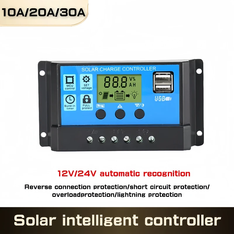 POWLSOJX 12V 24V PWM Solar Charge Controller with Adjustable LCD Display Dual USB Port Timer Setting Auto Parameter 10A 20A 30A