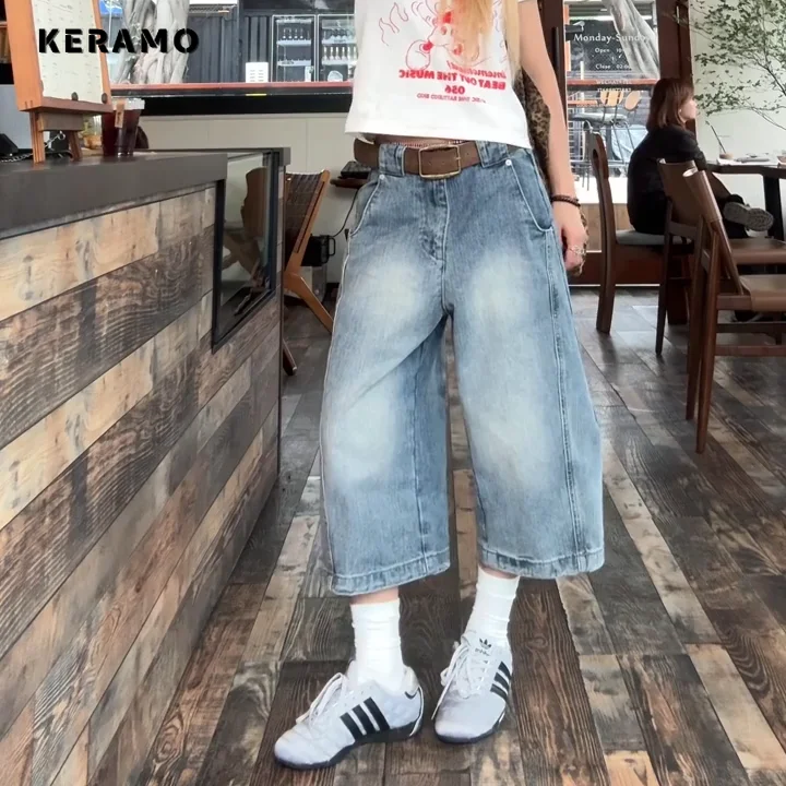 Harajuku Свободные джинсы с высокой талией длиной до икры Женские брюки Kpop Hight Street Ретро Y2K Женские винтажные светло-голубые джинсовые брюки