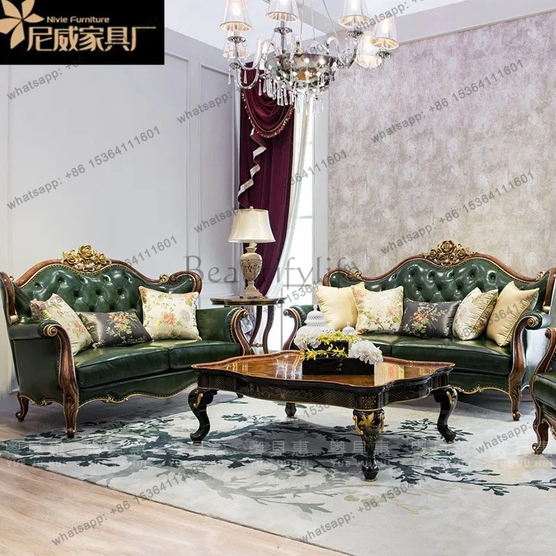 European leather sofa combination neoclassical solid wood carving flower leather art large apartment living room furniture
