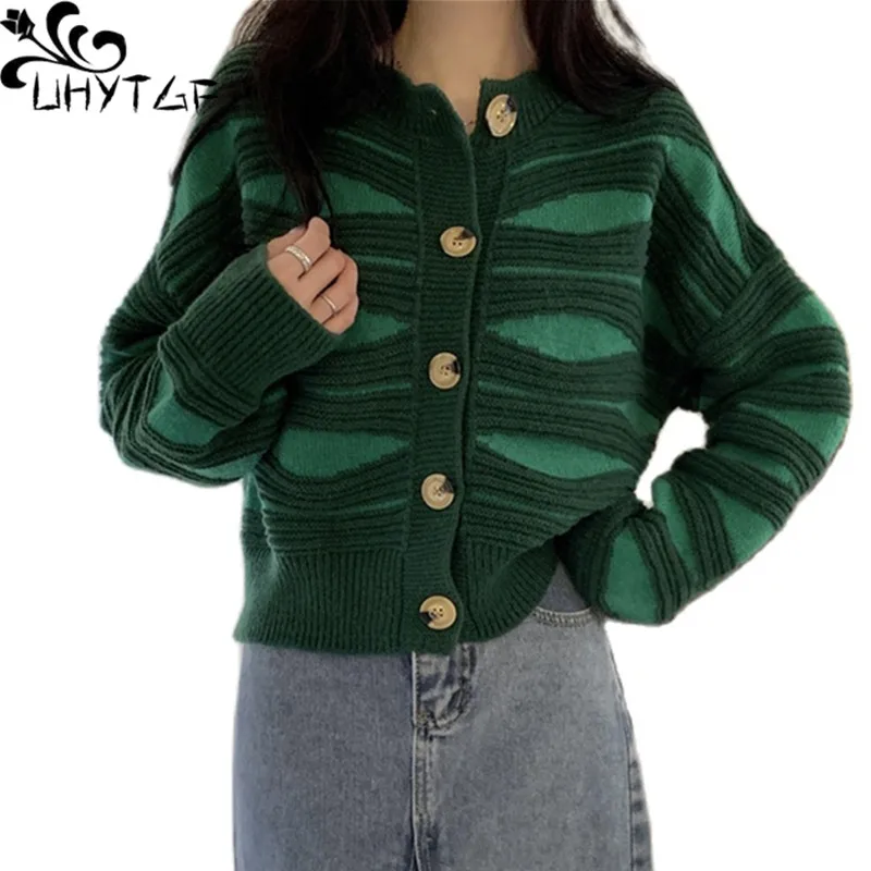 UHYTGF Herbst Winter Pullover Frauen 2022 Neue Streifen Strickjacke Pullover Mantel Weibliche Lange Hülse Beiläufige Kurze Gestrickte Mädchen Jacket154