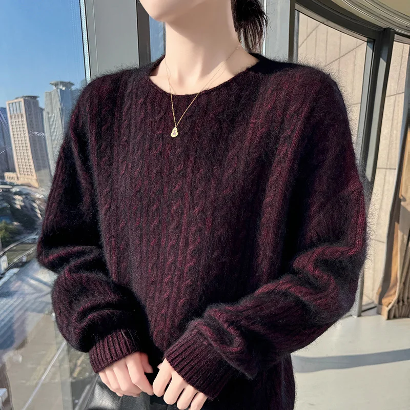 

Осенне-зимний свитер из норковой шерсти, женский свитер с круглым вырезом, ромбовидной витой вязки, толстый свитер, свободное шерстяное пальто