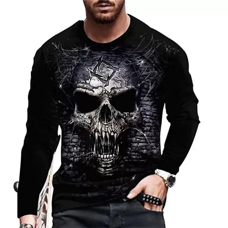 Skull 3D Printed Streetwear Men\'s T-Shirts Long Sleeve Round-Neck Horror Halloween Man Tops Loose Gothic Round-Neck Tees T Shirt