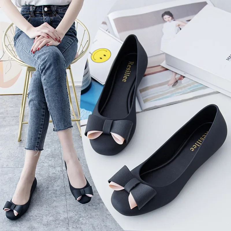 2024 Summer New Product Color blocked Butterfly Bow Baotou Rain Shoes Matte Soft Bottom Jelly Single Shoes for Women