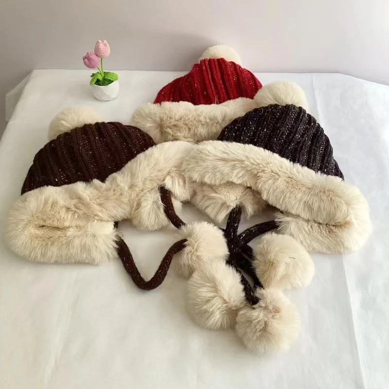 Fashion Wool Knitted Hairball Hat for Women Winter Cute Earflap Ski Cap Female Thicken Warm Hat Fluzzy Plush Pompom Russain Hat 6