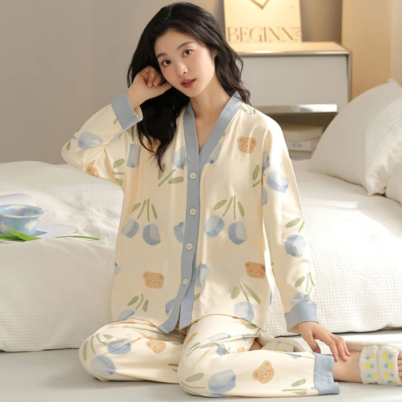 Y2k Women\'s 100% POLYESTER Pajamas with Cartoon Print Korean Fresh Ins Style Harajuku Lounges 2pcs 2024 New Spring/fall Homewear