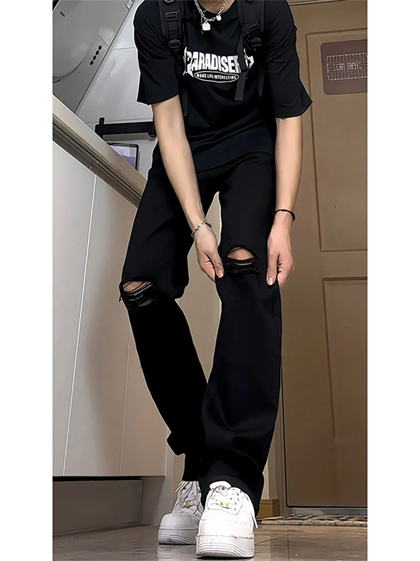 

Black Torn Hole Skinny Jeans for Men Thin Style Cleanfit American Teenager Straight Leg Bell Bottoms Casual Summer Denim Pants