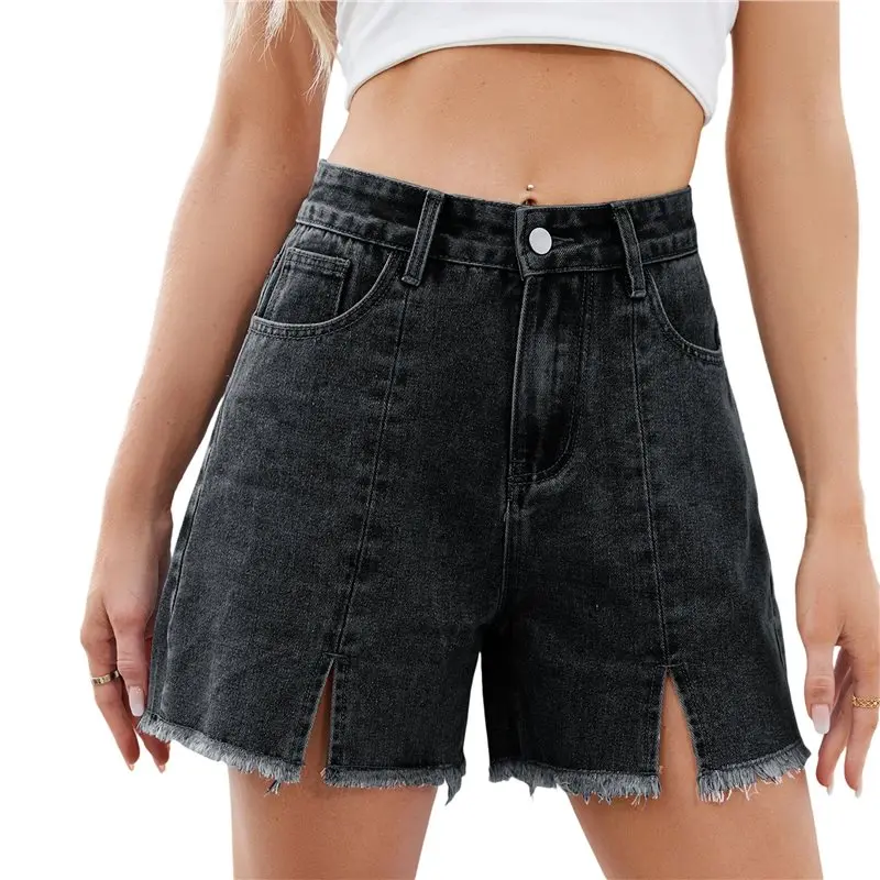 

Женские джинсовые шорты CYL с высокой талией, эластичные, повседневные, с разрезом спереди и рваным краем, летние, модные, черные и серые, размер XXL