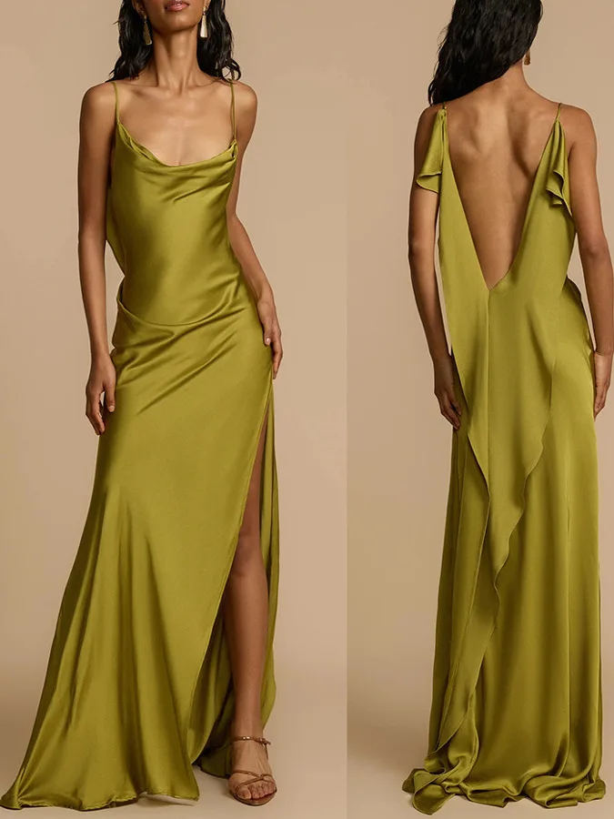 Décontracté fronde fente Satin Dr femmes sangle longue Dr Tfeta printemps automne hiver taille ample Svel couleur