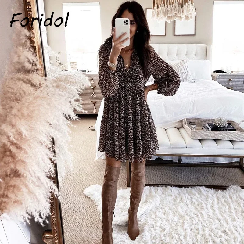 Leopard Print Casual Short Mini Dress Women V Neck Autumn Winter Dress 2023 New Long Sleeve Women Clothing Dress Mujer Girls