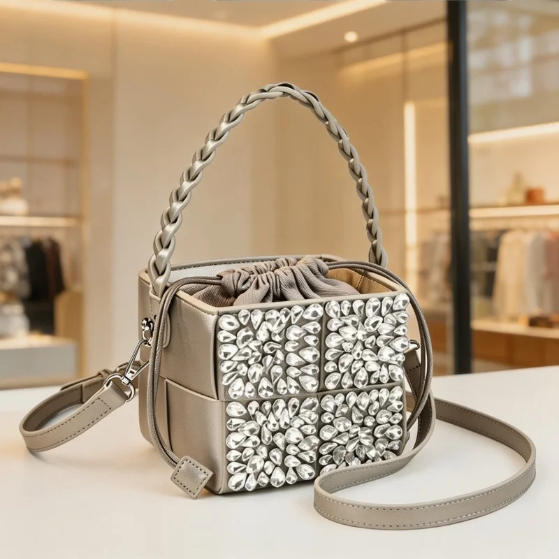 Women Rhinestone Embellished Box Handbag Woven Top Handle Drawstring Inner Bag Detachable Strap Evening Party Shoulder Purse
