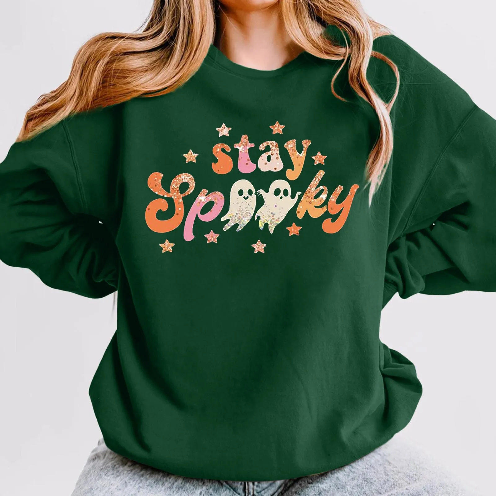 Funny Halloween Sweatshirt Stay Spooky Hoodied Spooky Vibe Shit Cool Halloween Tee Smiley Spooky Top Unisex Casual Sweatshirts