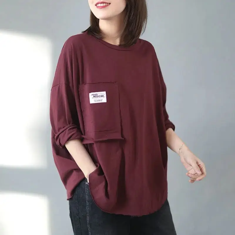 Spring Autumn Korean Simple Style Applique Pocket Solid Oversize T Shirt Women Casual O Neck Long Sleeve Top Female Clothing2023