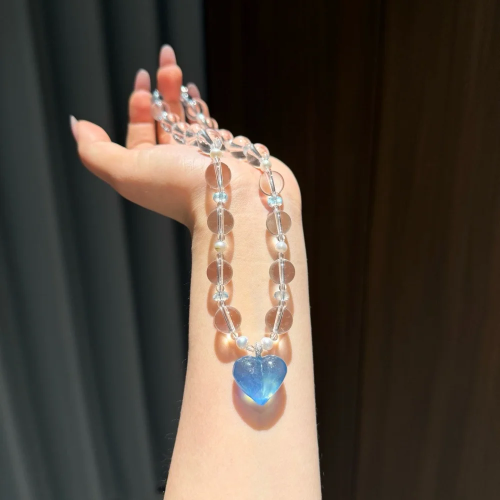 Natural Aquamarine Heart Necklace String Charms Handmade Fortune Energy Mineral Woman Amulet Jewelry Gift 1PCS