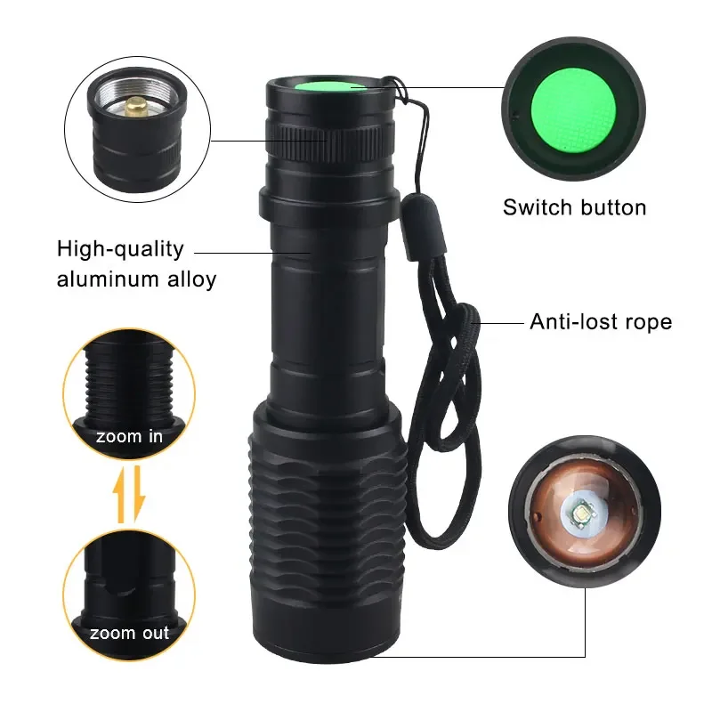 LED Tactical Hunting Flashlight Torch White/Red/Green Flashlight Waterproof Outdoor Lighting with Switch USB Rechargeable Lamp