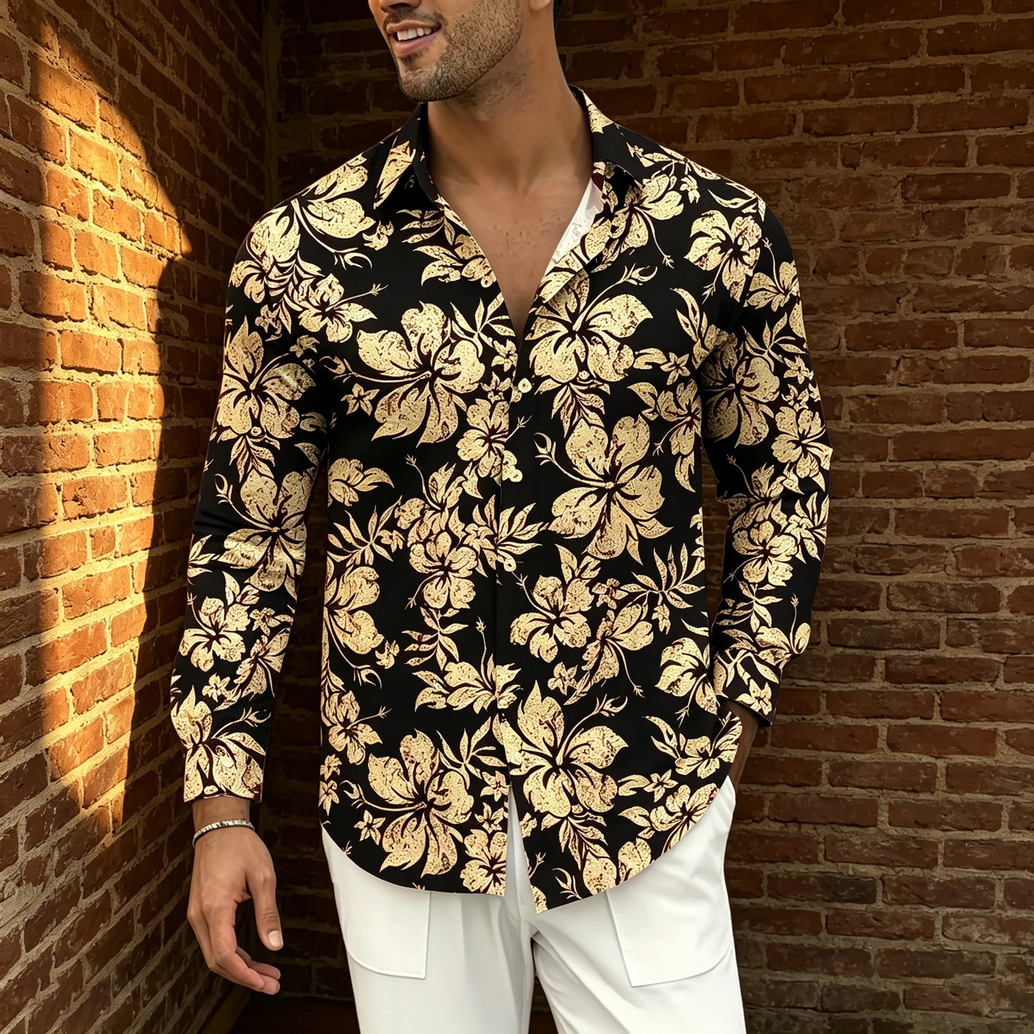 Men's collared loose-fitting long-sleeved shirt, Hawaiian print floral lightweight shirt, island beach vacation casual cardigan