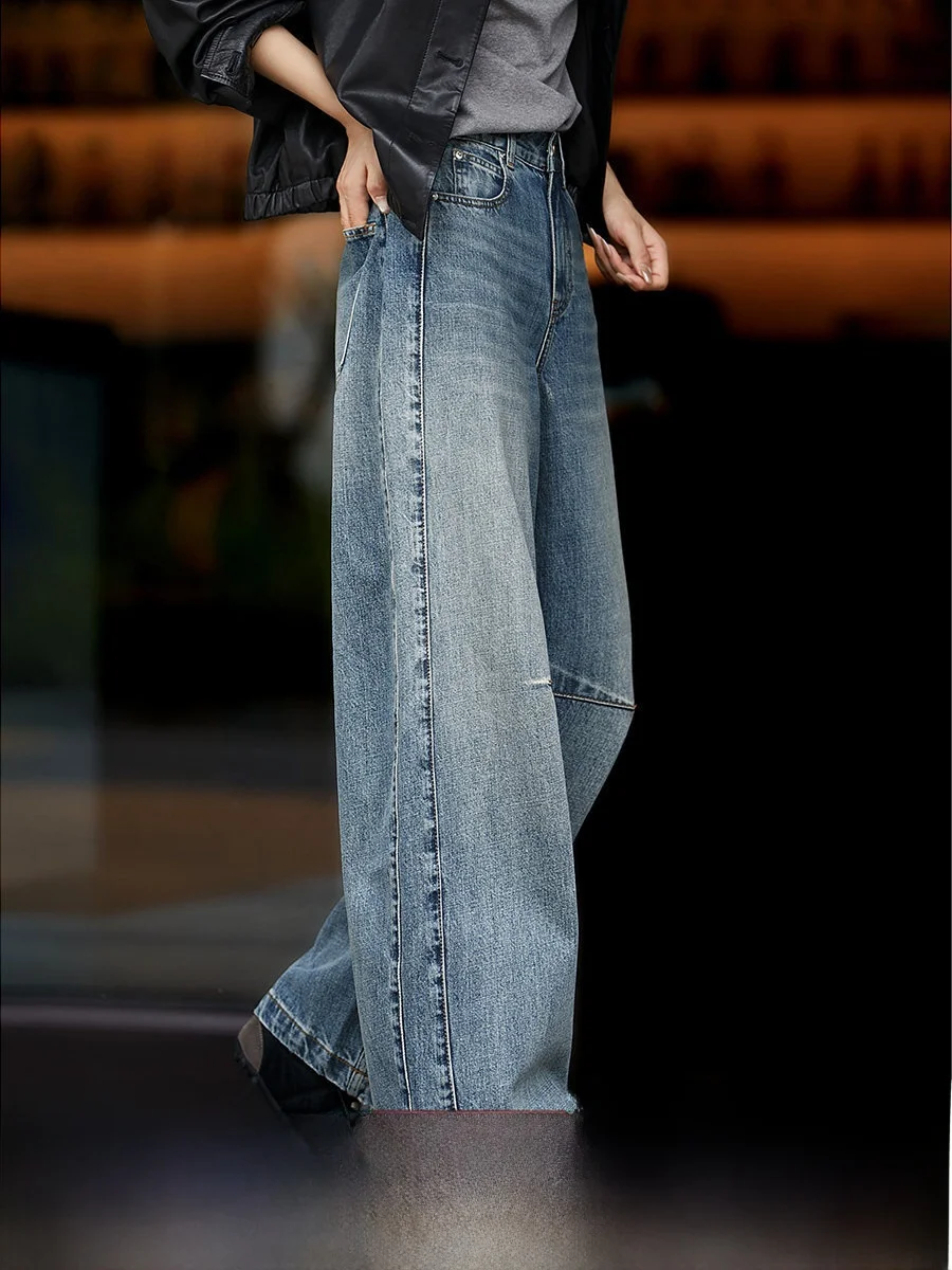

Xhange Vintage Blue Tone Micro Deconstruction Waed Denim Long Pants Straight Leg l Waist Cotton Spring Ladies Jeans