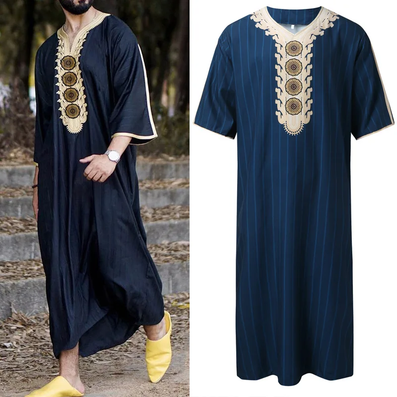 

Summer Men Musli Clothing Moroccan Robe Stripes Hand Embroidered Jubba Thobe Kaftans Loose Muslim Islamic Abaya Robe