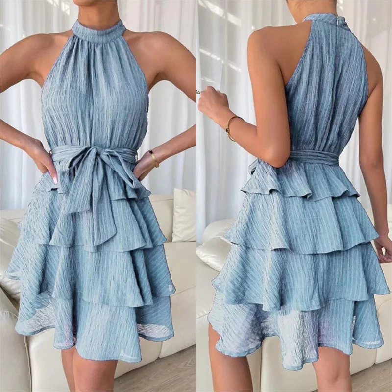 

Elegant Women's Blue Neck Tied Mini Dress Vestidos Spring And Summer Fashion New Style Patchwork Sleeveless Ruffle Edge Dress