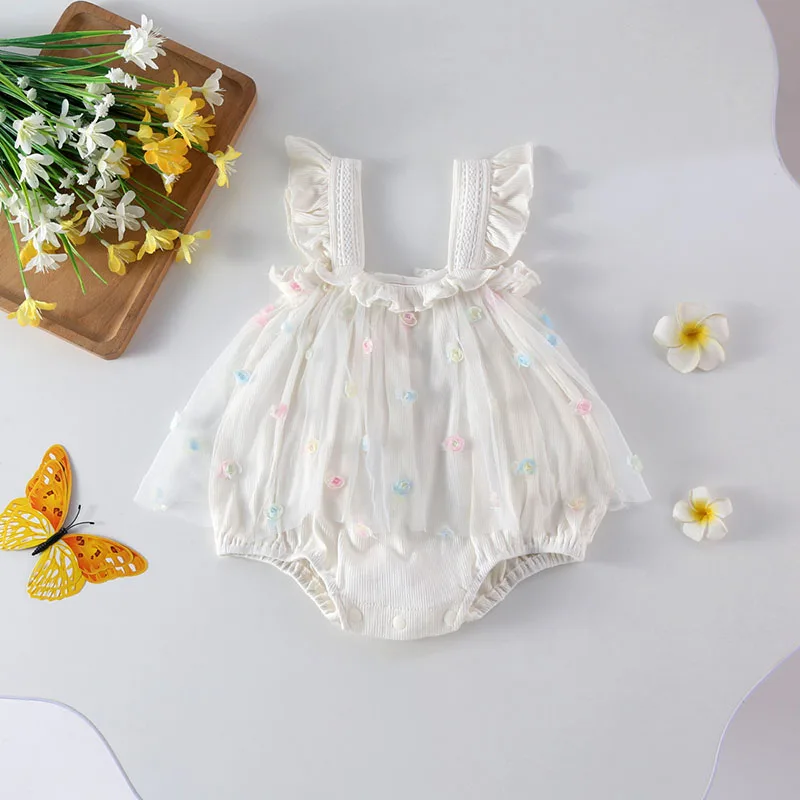 2024 New Summer Girls Flower Bodysuit Baby Sweet Lace Mesh Princess Dress Infant Cute Flower One Piece Toddler Jumpsuit